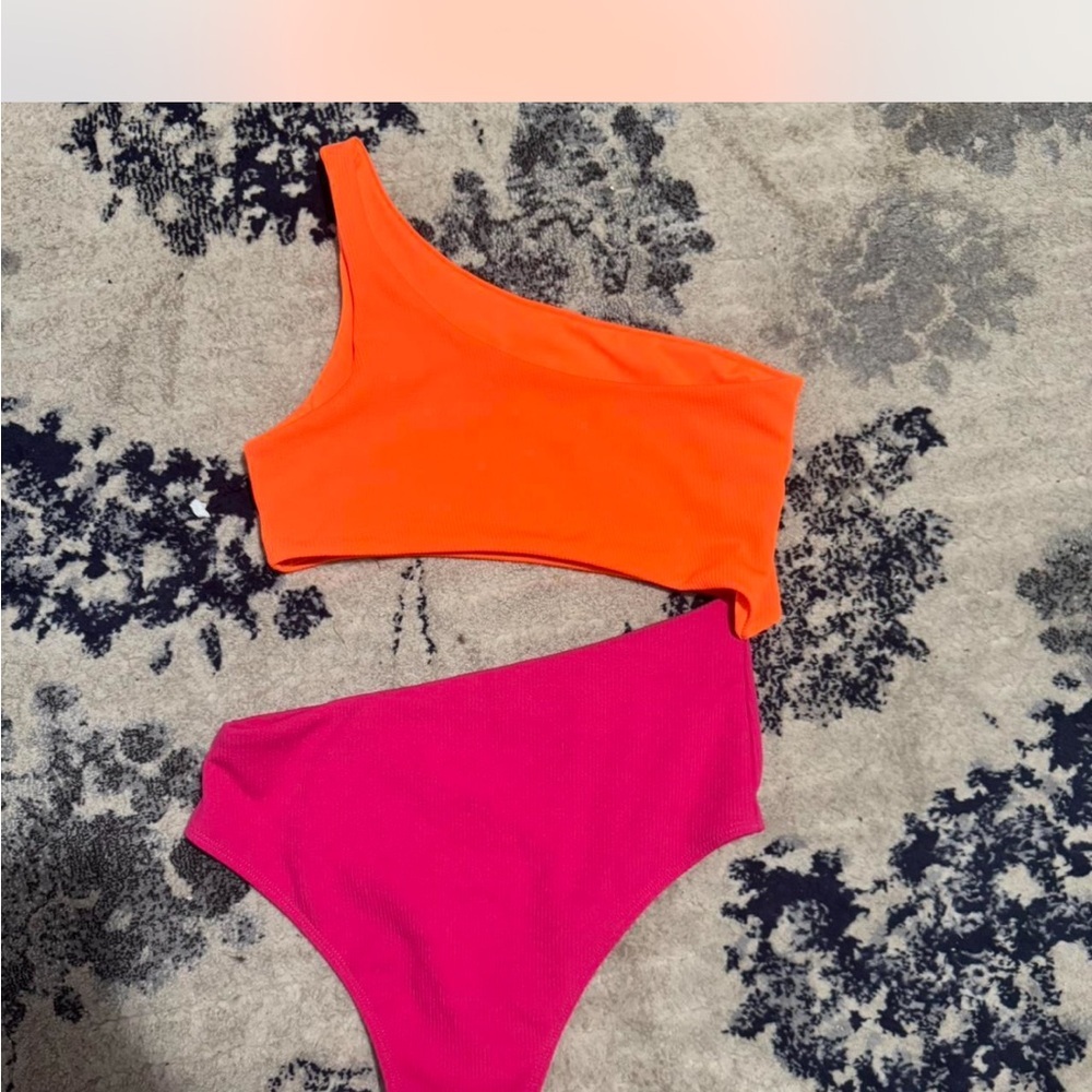 SHEIN Orange and Pink One-Shoulder Bikini